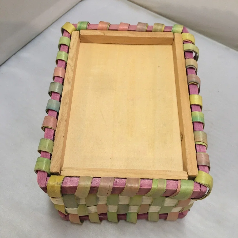 Woven Wood Basket Home Decor Small Multicolor Pastel Spring Swing Handle
